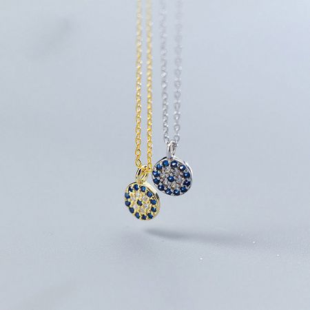 925 Silver Cubic Zirconia Evil Eye Pendant Choker Necklace Set of 5 - A pair of 925 sterling silver evil eye choker necklaces, one in a gold finish and one in a silver finish, each featuring a circular pendant with blue and white cubic zirconia stones.