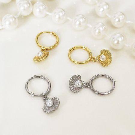 925 Sterling Silver Ocean Pearl Shell Pendant Huggie Hoop Earrings (5 Pairs) - A collection of 925 sterling silver ocean pearl shell huggie hoop earrings, displayed in both elegant gold and classic silver finishes.