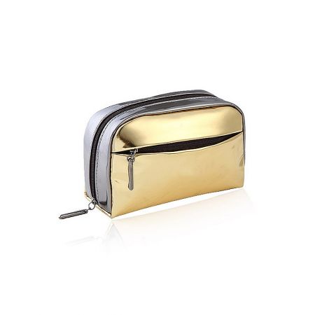 Bulk Makeup Bags: Versatile PU Leather Cosmetic Bags - A stylish gold and silver PU leather cosmetic bag with dual zippers, available for wholesale from JR Fashion Accessories.