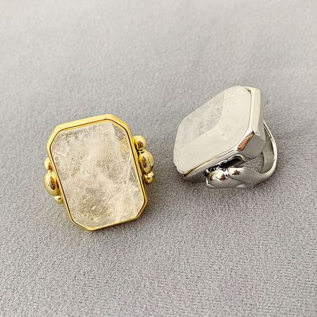 Brass Vintage Large Square Stone Transparent Crystal Rings - Set of 5 - A set of vintage-style brass rings with large square transparent crystals, shown in both gold and silver finishes.