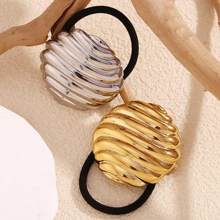 Stainless Steel Round Stripe Ponytail Hair Ties (Set of 5) - A pair of stainless steel ponytail hair ties, one in a polished gold finish and the other in silver, both featuring a round striped charm.