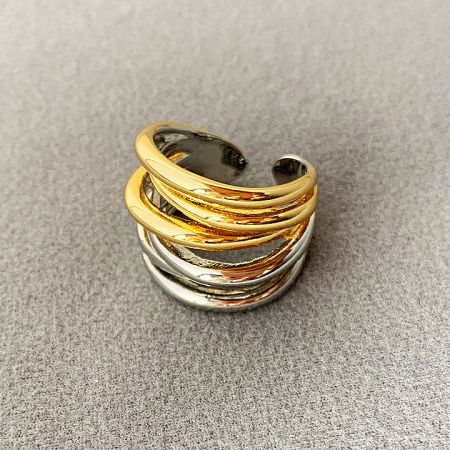 Brass Vintage Multiple-Layered Cuff Open Rings - Set of 10 - A stylish set of gold and silver stackable brass rings with a vintage, multi-layered design, showcasing the two-tone finish.