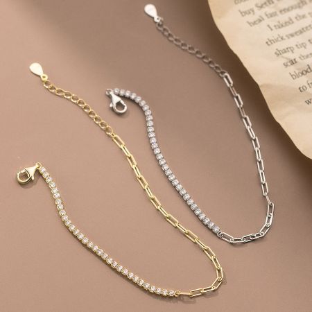 925 Sterling Silver 3mm Row Zircon Link Chain Bracelet Set of 5 - A pair of 925 sterling silver bracelets, one in a gold finish and one in a silver finish, both featuring a row of sparkling zircon stones on a link chain.
