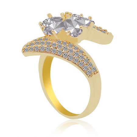 Side view of the floral wrap ring, highlighting the intricate gold band set with sparkling clear gemstones.