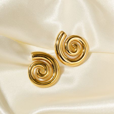 Stainless Steel Glossy Swirl Spiral Stud Post Earrings (Set of 5 Pairs) - A pair of stainless steel glossy swirl spiral stud post earrings in a gold finish, elegantly displayed on a cream satin background.