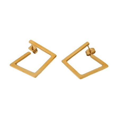 Trendy Gold Square Hoop Earrings - A pair of trendy gold square hoop earrings (JRE-134) with a polished finish, showcasing their modern geometric design on a white background.