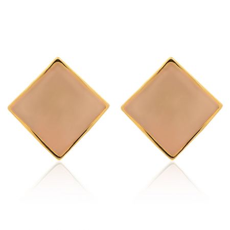 Square Enamel Geometry Earrings - Beige - Front view of a pair of Square Enamel Geometry Earrings in beige, featuring a gold-plated brass frame and smooth epoxy surface.