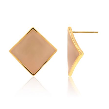 Detailed close-up of the beige square earring, showing the matte epoxy finish and polished gold border.
