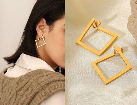 Model wearing the gold square hoop earrings to demonstrate their size and stylish appearance.
