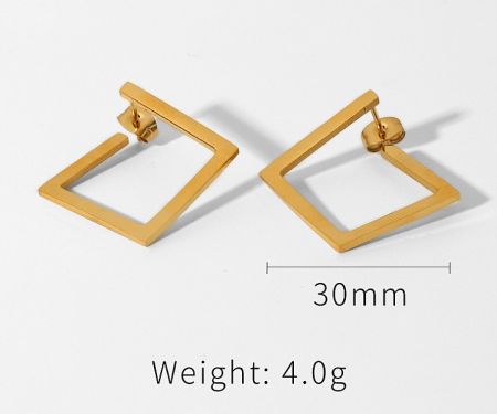 Close-up image of the gold square hoop earrings detailing the 30mm dimension and 4.0g weight.