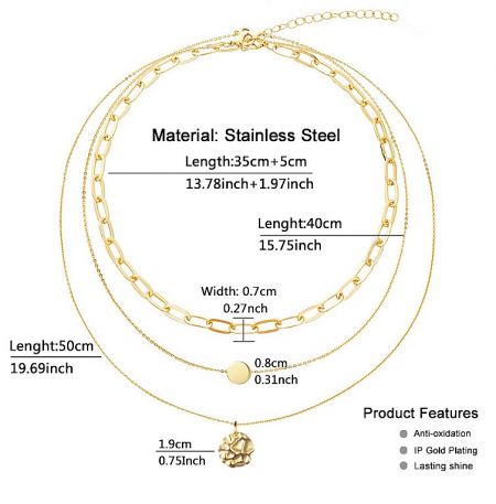 Detailed view of the gold layered necklace with dimensions and material specifications.