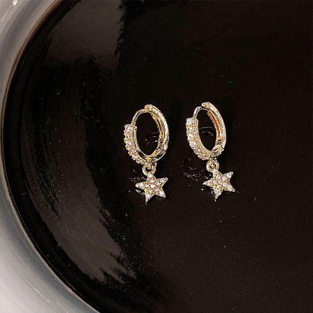 14k Gold Plated Brass Cubic Zirconia Star Drop Huggie Hoop Earrings (5 pairs) - A pair of 14k gold plated brass huggie hoop earrings with sparkling cubic zirconia star drop charms, displayed on a white background.