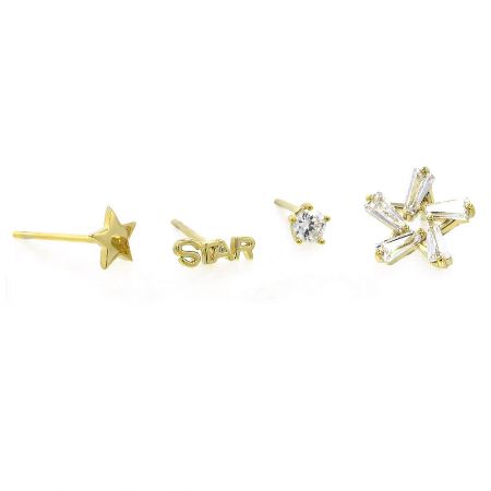 3 Pairs Set Small Star Stud Earring - A collection of three pairs of small star stud earrings in gold plating, featuring various star designs with cubic zirconia accents. Wholesale jewelry by JR Fashion Accessories.