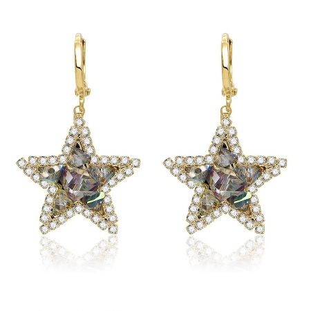 Drop Dazzle Star Earrings - A pair of Drop Dazzle Star Earrings in gold-plated brass, showcasing the intricate star shape and sparkling white and rainbow cubic zirconia stones on a clean white background.