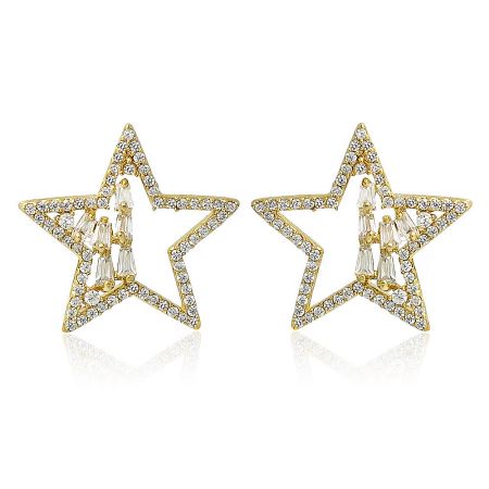 Star Stud Earrings With Sparkly Cubic - A pair of Star Stud Earrings with Sparkly Cubic Zirconia, featuring a gold-plated star design with clear crystals.