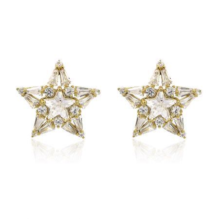 Shinny Star Stud Earrings - A pair of Shinny Star Stud Earrings, featuring a gold-plated star shape decorated with sparkling clear cubic zirconia gemstones.
