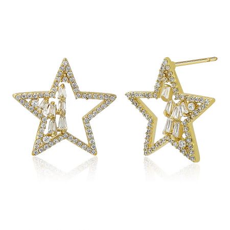 Close-up view of the gold star-shaped earrings, showcasing the intricate setting of the clear cubic zirconia gemstones.