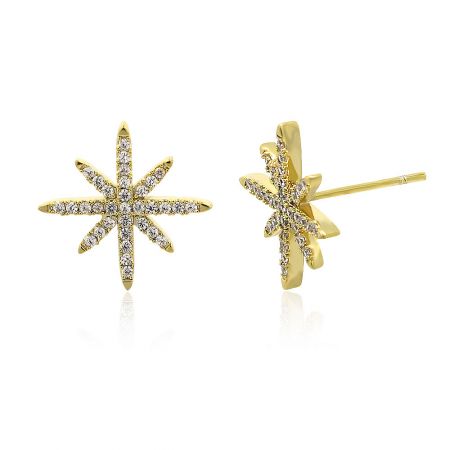 Front and back view of the gold star-shaped earrings, highlighting the titanium post closure.