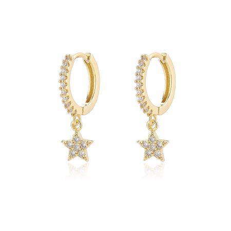 Wholesale Celestial Drop Huggie Hoop Earrings - A pair of wholesale celestial drop huggie hoop earrings in gold, featuring star-shaped charms encrusted with sparkling cubic zirconia diamonds.