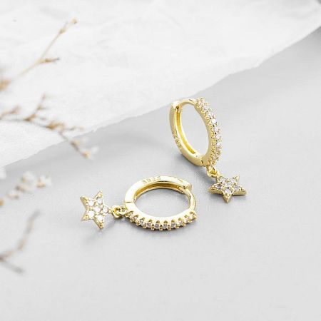 925 Sterling Silver Celestial Pavé Star Hoop Earrings (Set of 5 Pairs) - Close-up of the 925 Sterling Silver Celestial Pavé Star Hoop Earrings in a gold finish, highlighting the intricate pavé stone details on the star charm and the S925 stamp.