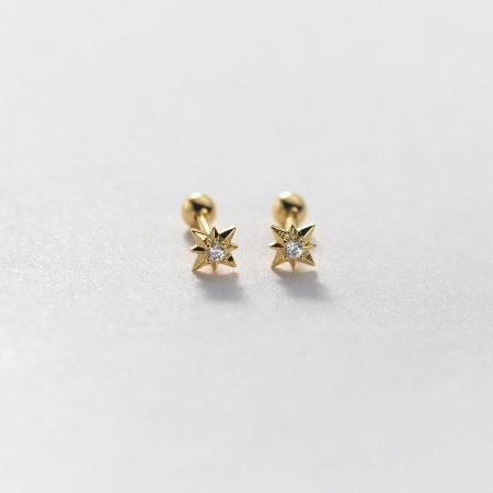 Detailed view of gold star stud earrings featuring a central clear cubic zirconia stone.