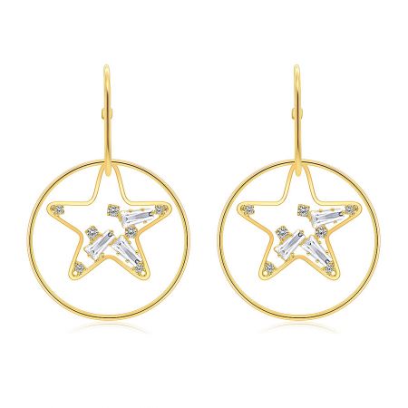 Bright Star In Circle Hook Earrings - A pair of Bright Star In Circle Hook Earrings, featuring a gold-plated finish with a starburst design and sparkling white cubic zirconia stones, on a white background.