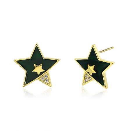 Close-up view of the gold-plated Star Emerald Earring showcasing the intricate dark green enamel and brilliant diamond-like details.