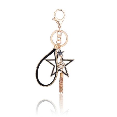Bling Crystal Gold Star Key Chain - A close-up of the Bling Crystal Gold Star Key Chain, showcasing the detailed star-shaped pendant with black and gold crystals, a black PU leather strap, and a delicate gold chain tassel.