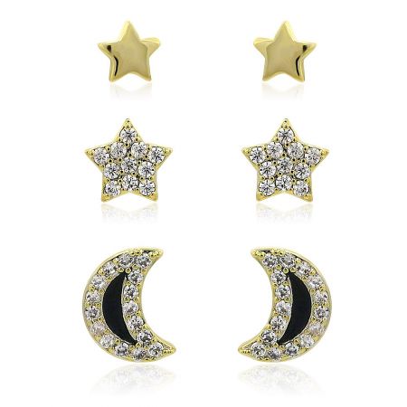 3 In 1 For Minimal Star Moon Studs Earrings - A 3-in-1 set of gold-plated stud earrings featuring two star designs (one polished, one with CZ stones) and a crescent moon design with CZ stones, displayed on a white background.