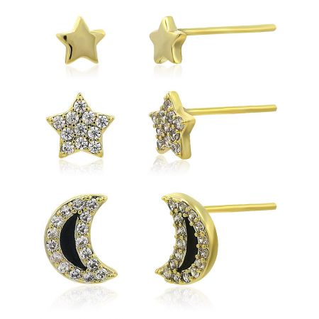 Detailed view of the star and moon stud earrings, showing the front and side profiles of each design.