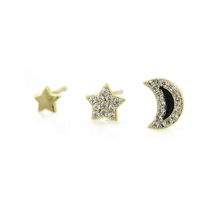 Close-up shot of the three pairs of celestial-themed earrings: a simple star, a CZ star, and a CZ crescent moon.