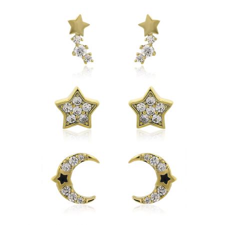 Set of Three Stud Earrings Star Moon Theme - A set of three gold-plated stud earrings with star and moon designs, featuring sparkling cubic zirconia stones, displayed on a white background.
