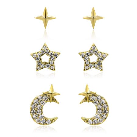 A collection of gold star and moon earrings from the gift set, some adorned with clear cubic zirconia stones.