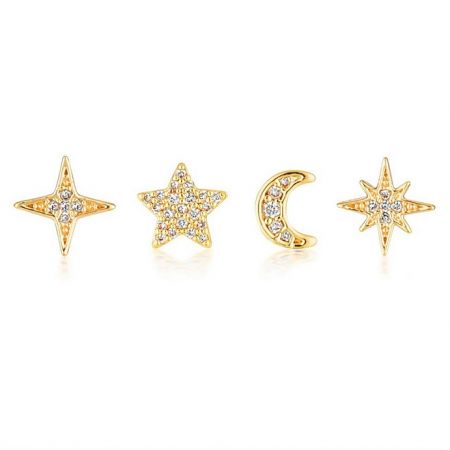 Star and Moon Stud Earrings Set - A set of gold-plated Star and Moon stud earrings, featuring sparkling cubic zirconia stones, arranged neatly on a white background.