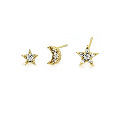 The set of three gold-plated stud earrings, featuring two star designs and one crescent moon, laid out on a white surface.