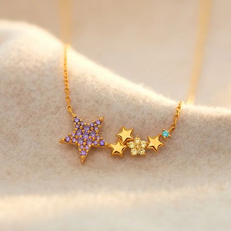 925 Sterling Silver Colorful Star Pendant Necklace - Close-up of a 925 sterling silver colorful star pendant necklace with purple, clear, and blue gemstones.