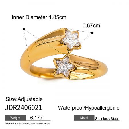 Detailed shot of the non-tarnish gold star ring, highlighting the sparkling zircon.