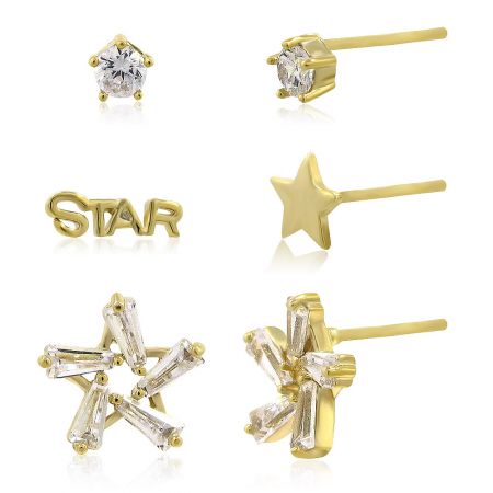 Close-up of the star and snowflake design earrings from the 3-pair set, highlighting the clear gemstones.