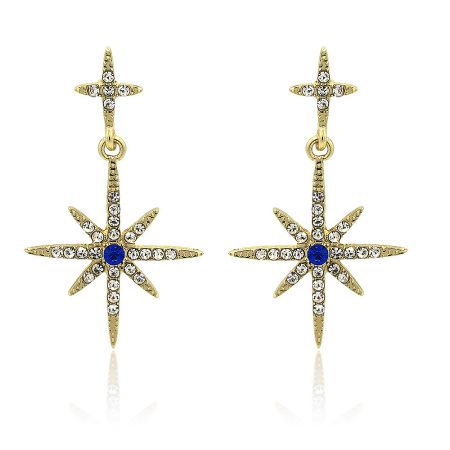 Cross Crystal Starburst Earrings - A pair of Cross Crystal Starburst Earrings, featuring a gold-tone finish with sparkling white cubic zirconia and a central blue sapphire glass stone.