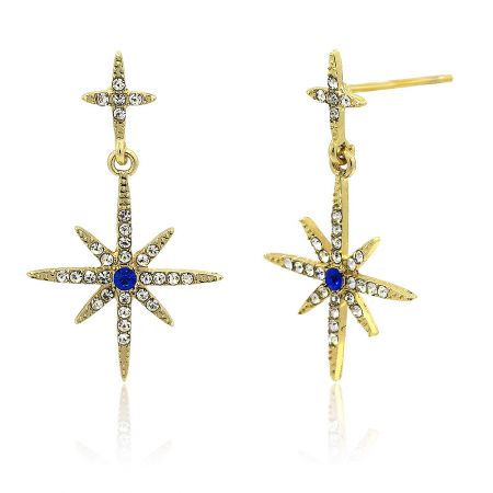 Detailed view of the gold starburst earring showcasing the blue and clear stones.