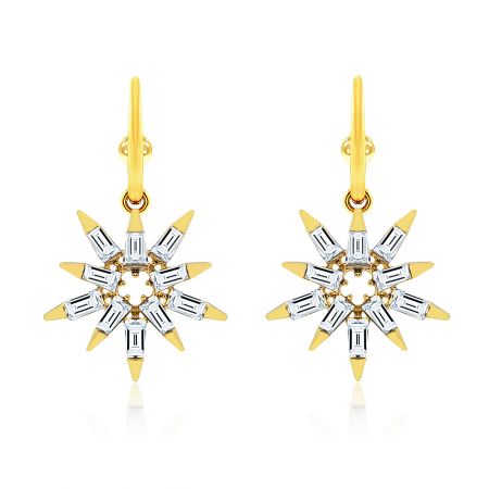 Clear Crystal Hoop Earrings - A pair of Clear Crystal Hoop Earrings with a gold-plated starburst design, featuring brilliant Czech glass crystals on a white background.