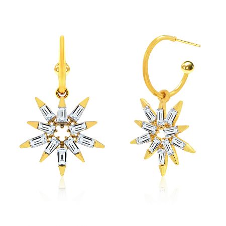 Detailed view of the gold starburst earrings, showcasing the 12 pointed gold tips and 12 clear rectangular-cut gemstones.