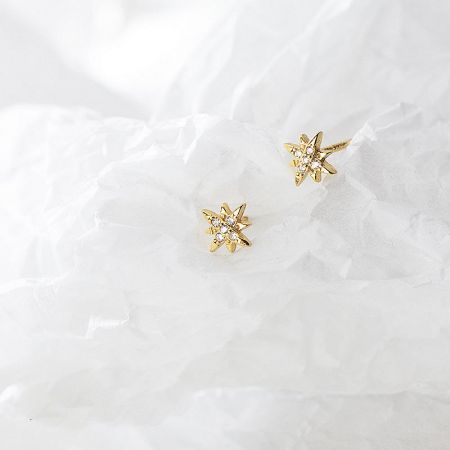 Close-up of the gold-plated starburst stud earrings with CZ center.