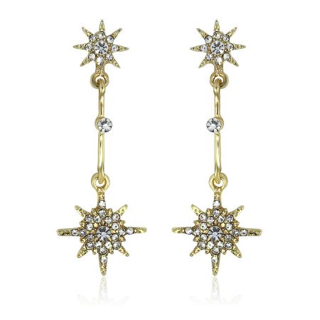 Long Gold Crystal Starburst Earrings - A pair of Long Gold Crystal Starburst Earrings with sparkling clear gemstones, showcasing the intricate starburst design against a white background.