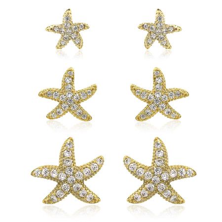 Gold Starfish Multi-pack of Three Pairs - A promotional shot of the Gold Starfish Multi-pack of Three Pairs, showcasing the gold-toned earrings with sparkling cubic zirconia stones.