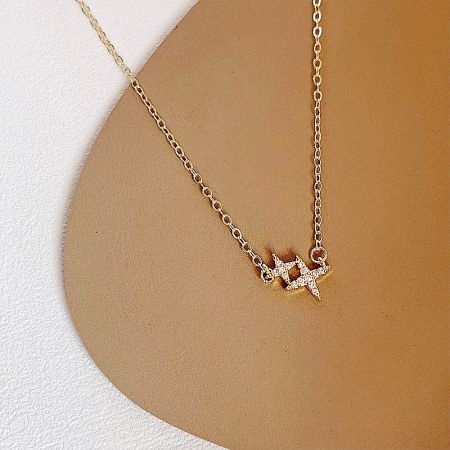 Gold Plated Zirconia Double Star Collar Necklaces (Set of 5) - A stunning gold-plated collar necklace featuring a sparkling double-star charm with micro-insert zirconia, displayed on a clean white background.