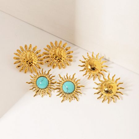 Various styles of gold sun-shaped stud earrings, including hammered texture and turquoise stone designs.