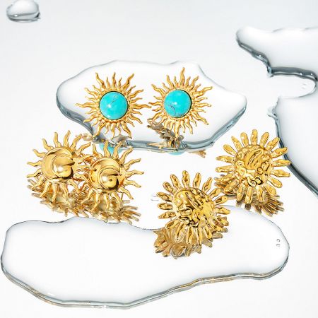 Stainless Steel Gold-Plated Larimar Sun Design Stud Earrings - A collection of stainless steel gold-plated sun design stud earrings, some featuring vibrant turquoise stones, displayed on a white background.