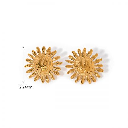 Detailed view of the hammered texture gold sun stud earrings, highlighting the craftsmanship.