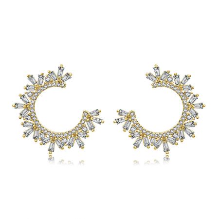 Gold Plated Baguette CZ Circle Earrings - A pair of Gold Plated Baguette CZ Circle Earrings showcasing a brilliant sunburst design with clear cubic zirconia gemstones on a white background.